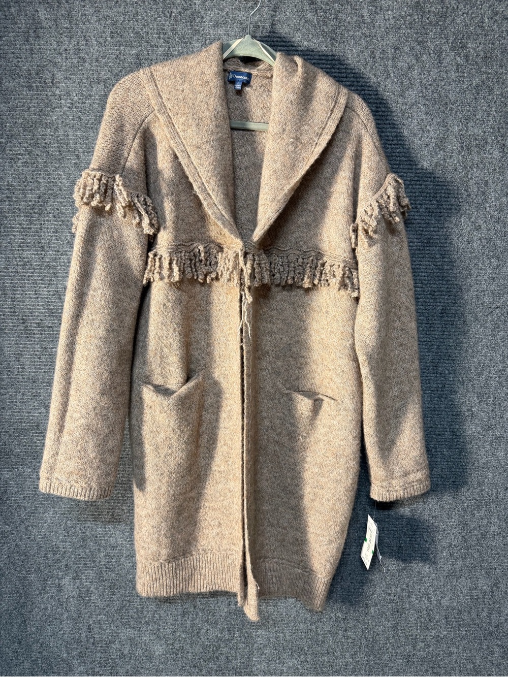 Democracy Fringe Detail Hooded Cardigan Sweater - Tan nwt Western Rodeo Festival